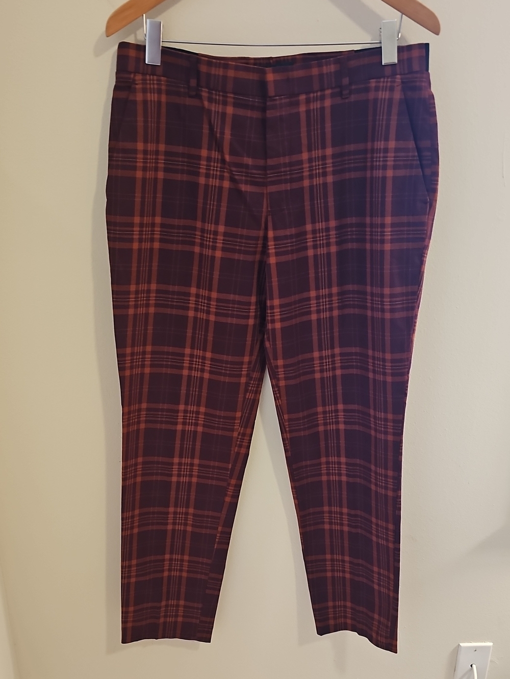 INC International Concepts Slim Fit Plaid Trousers Mens Size M Burgundy Cotton
